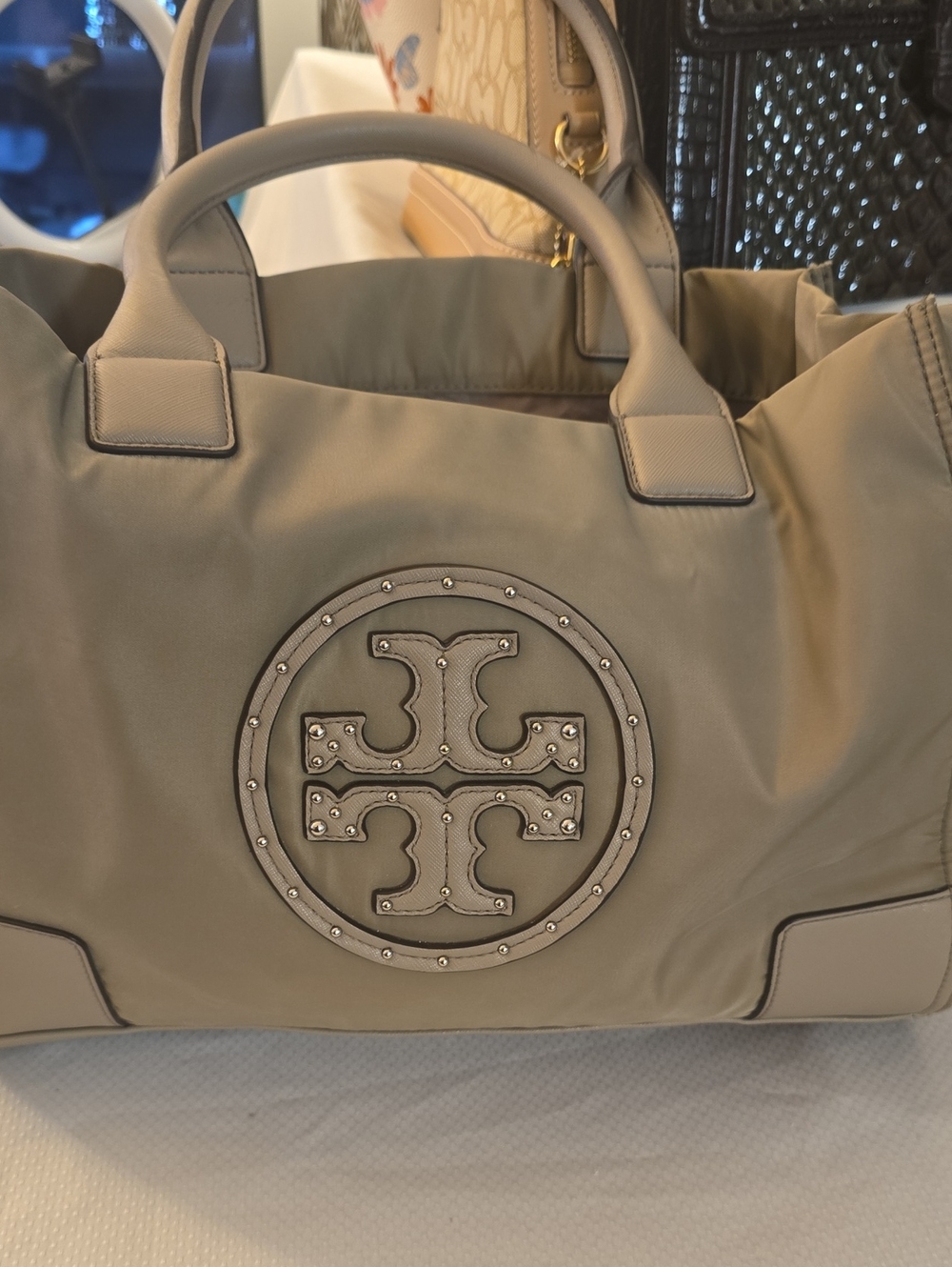 Tory Burch Taupe Nylon Tote with Studded Logo